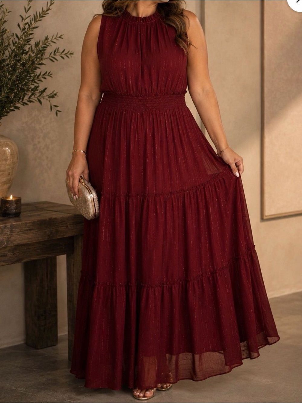 Draper James RSVP Burgundy Metallic Clip Dot Tiered Maxi Dress Plus 2X